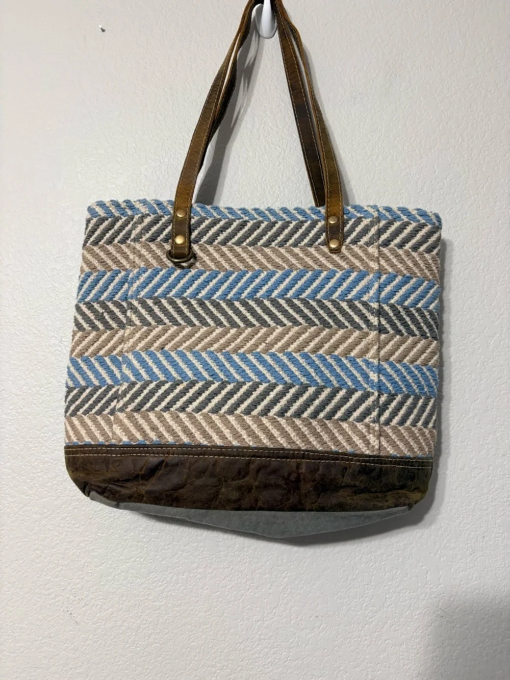 Myra Upcycled Chevron Striped Blue, Beige Gray Woven‎ Tote w Brown Leather Trim
